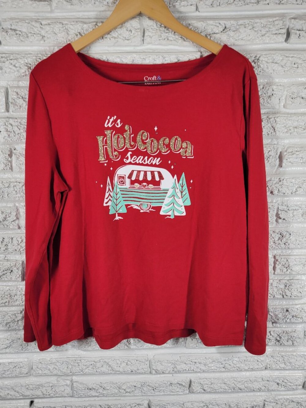 Croft & Barrow Christmas Tee Womens XL Red Hot Cocoa Camping RV RED42E